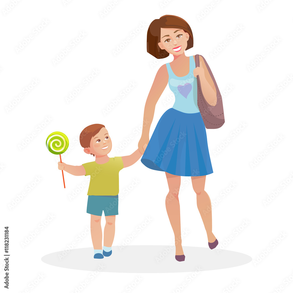 Mom and young son walking Mom and young son walking