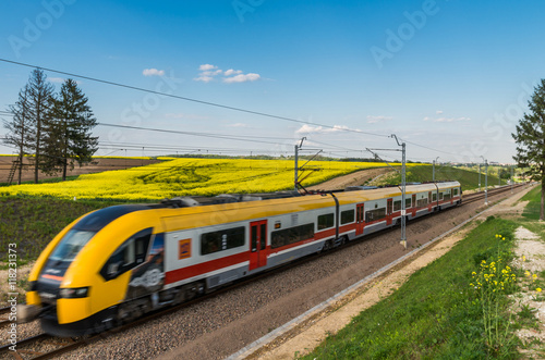 Train on double railway track, Krakow, Poland