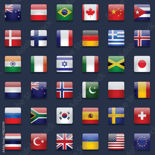 Free Download World flags vector collection. 36 high quality square glossy icons. Correct color scheme. Perfect for dark backgrounds. - GFXLoad