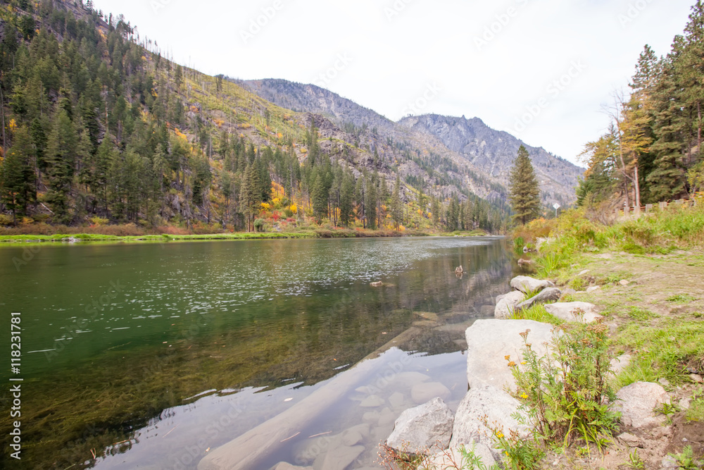 Scenic Mountain green Wenatchee river with transparent water. Scenic Mountain green Wenatchee river with transparent water.