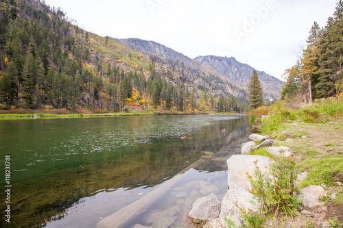 Scenic Mountain green Wenatchee river with transparent water. photo