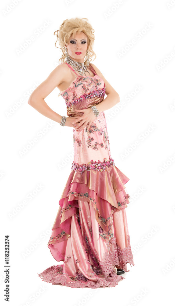 Portrait Drag Queen in Pink Evening Dress Performing