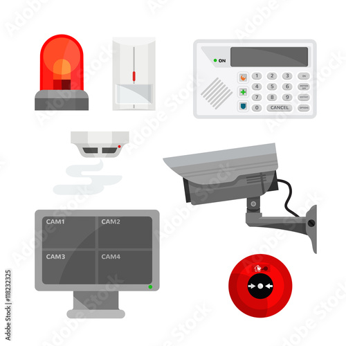 Set of different security system devices illustrations