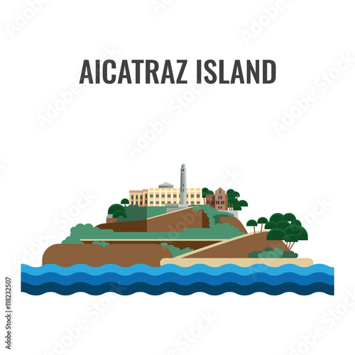 Alcatraz island view from the sea. Vector illustration.
