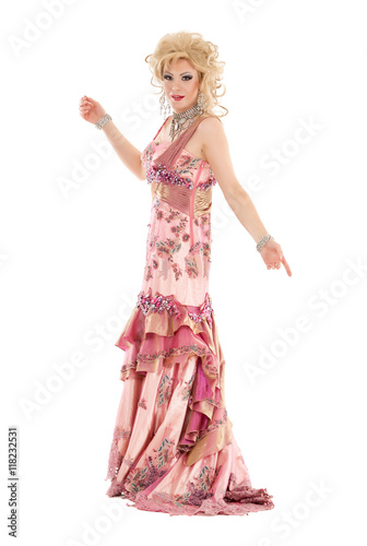 Portrait Drag Queen in Pink Evening Dress Performing