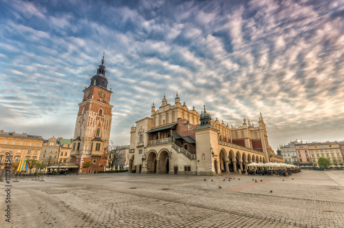 Cloth hall and town hall tower in the morning, Krakow, Poland