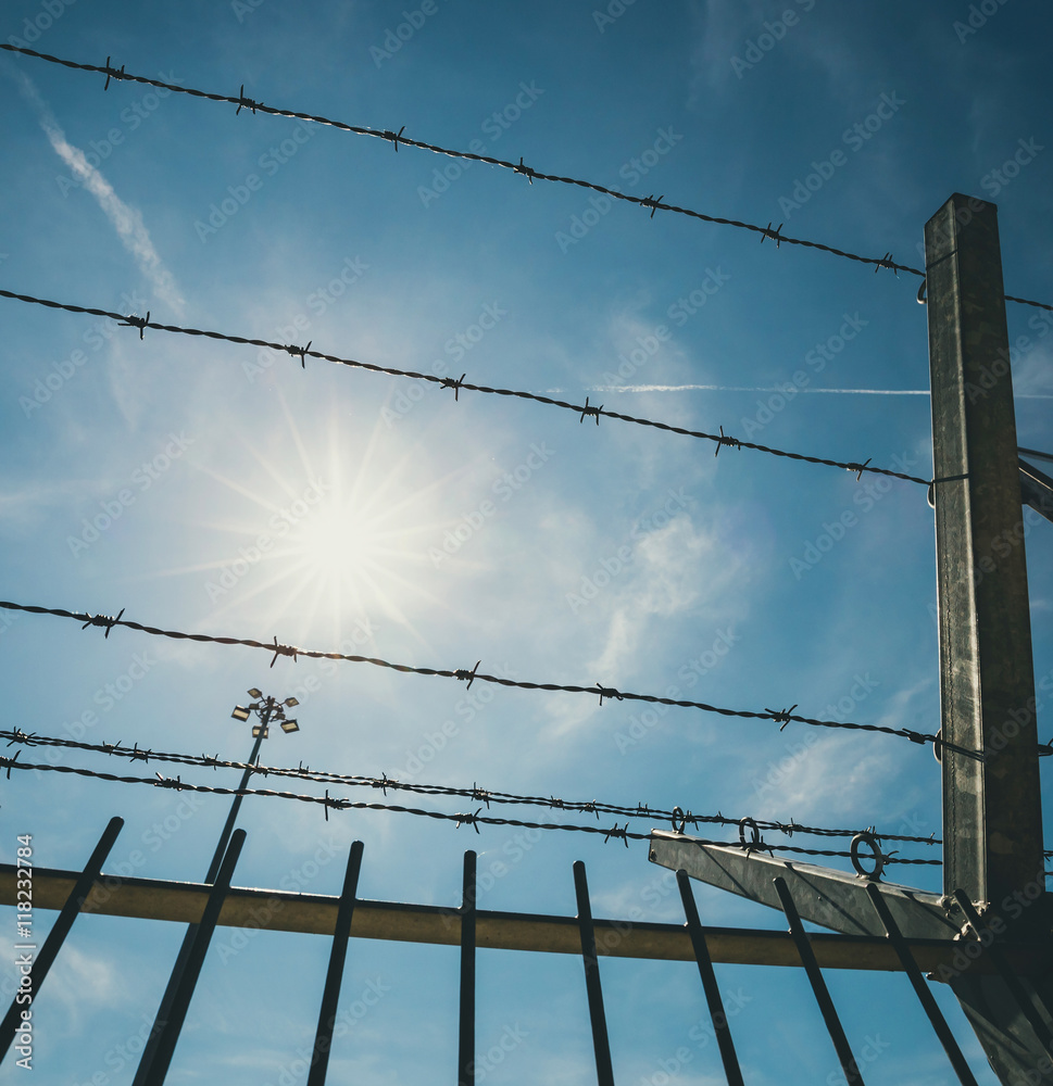 barbed wire and sun on blue sky background barbed wire and sun on blue sky background