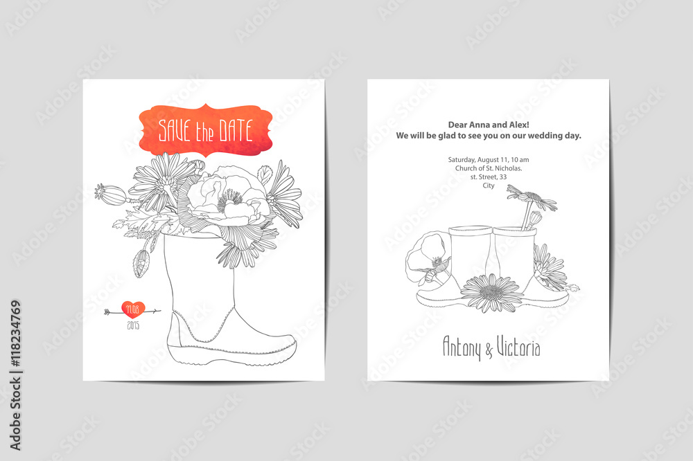 Wedding invitation. Linear flowers in rubber boots