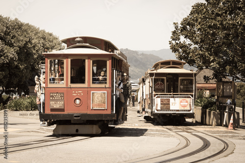 San Francisco, California, USA - APRIL 24, 2016:  Cable car at Hyde street, documentary editorial.