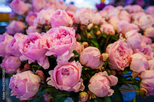 Bouquet of peony flowers on the farmers Pike market, shallow depth of field