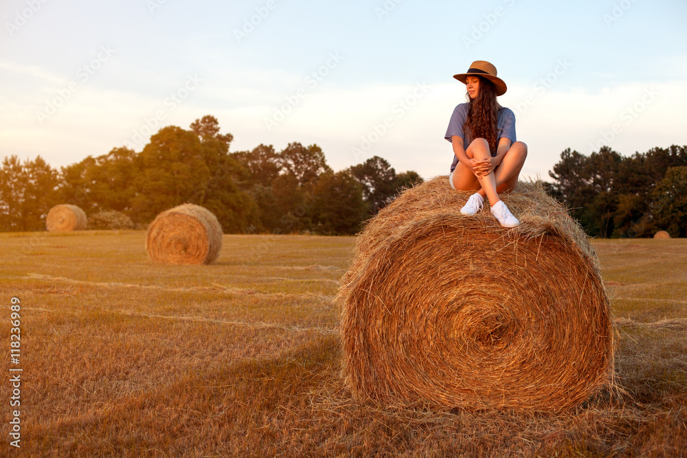 Pretty young woman sitting on a hay bale. Pretty young woman sitting on a hay bale.