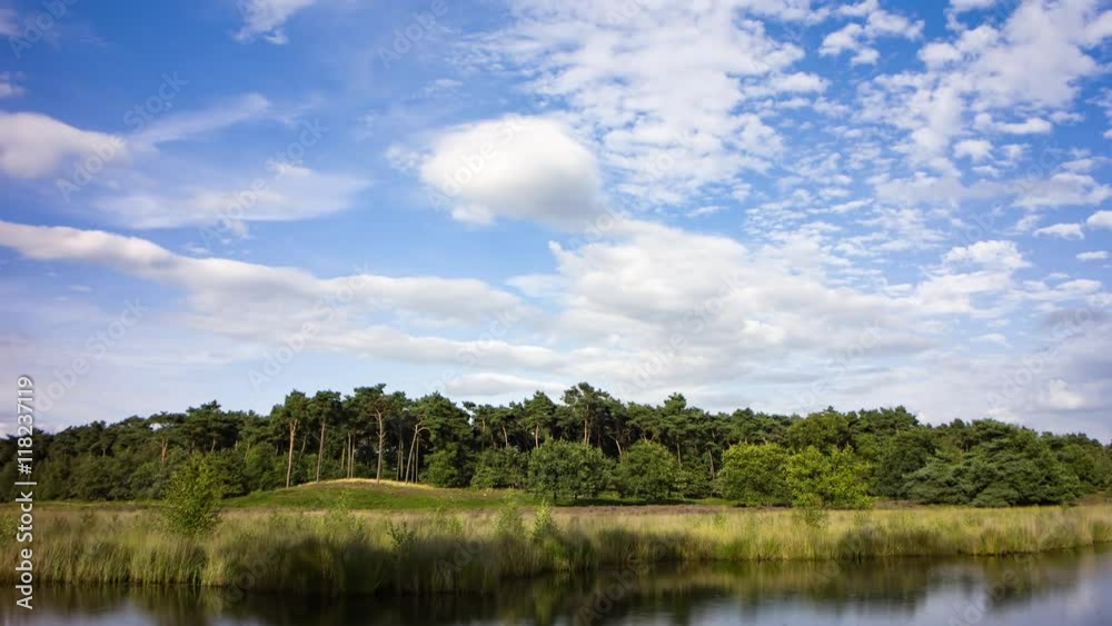 Beautiful landscape of a blue sky with moving clouds above trees and a lake, 4K time lapse Beautiful landscape of a blue sky with moving clouds above trees and a lake, 4K time lapse