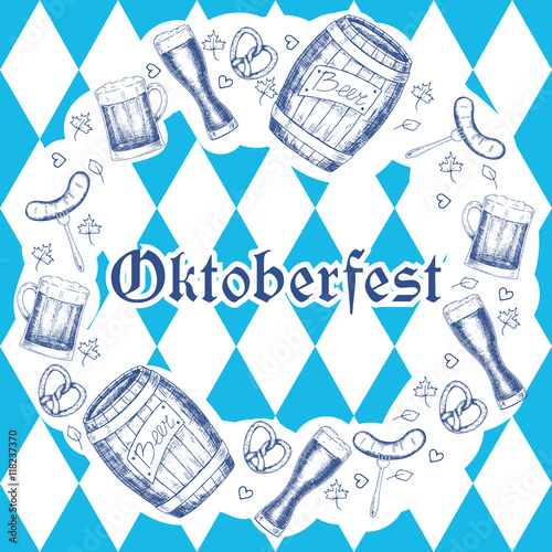 Oktoberfest vector illustration. Beer mugs, barrels, sausages, p