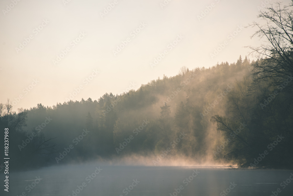 beautiful foggy river in forest - vintage film effect