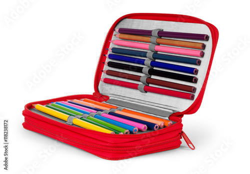 Writing and drawing tools in a pencil box for school, office and Fototapet