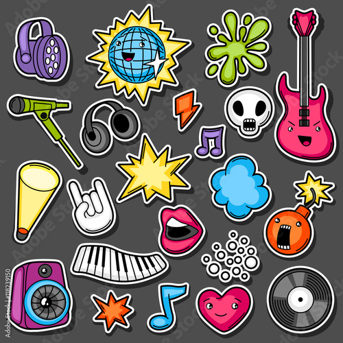 Music party kawaii sticker set. Musical instruments, symbols and objects in cartoon style