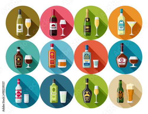 Alcohol drinks icon set. Bottles, glasses for restaurants and bars