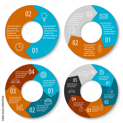 Vector template for round diagram, graph and chart. Circle arrows for infographic. Business concept with 2, 3, 4, 6 options, parts or steps