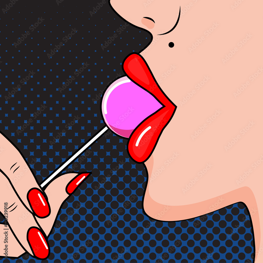 Obraz premium Sexy woman red lips licking lollipop candy. Vector illustration in comic pop art style