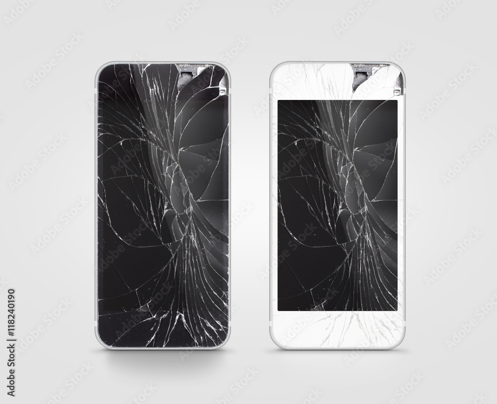 Fotografia do Stock: Broken mobile phone screen, black, white, clipping  path. Smartphone monitor damage mock up. Cellphone crash and scratch.  Telephone display glass hit. Device destroy problem. Smash gadget, need  repair.