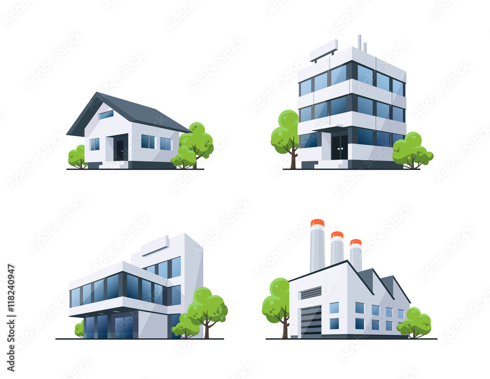Set of Four Buildings Types Illustration with Trees - obrazy, fototapety, plakaty 