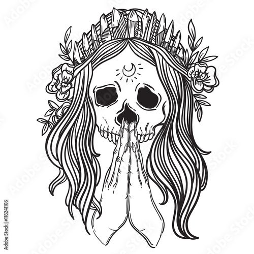 Human skull with flower wreath and quartz crystal crown. praying girl. Los muertos. Vector illustration.