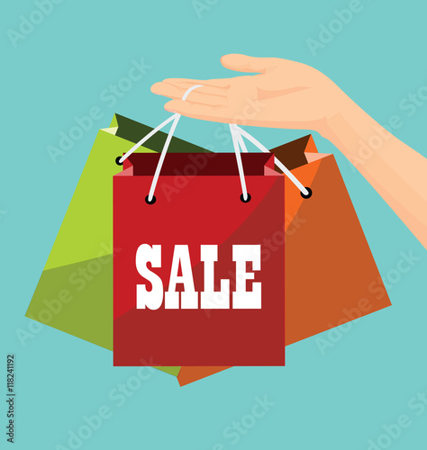 Vector of hand holding shopping bags with sale sign for shopaholic or promote sales concept