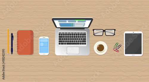 Workplace Wooden Desk Top Angle View Laptop, Phone Tablet