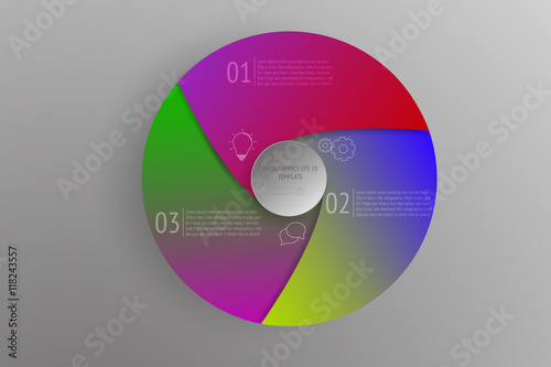 3 steps circular business infographics with colorful gradients. 3D circle and rounded infographic with outline icons on grey gradient background representing process, three steps, diagram or timeline.