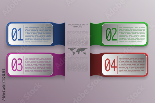 4 option infographics with 3D rectangle objects in modern style and colors. World map with text and four business banners on gradient background - can be used as infographic, diagram.