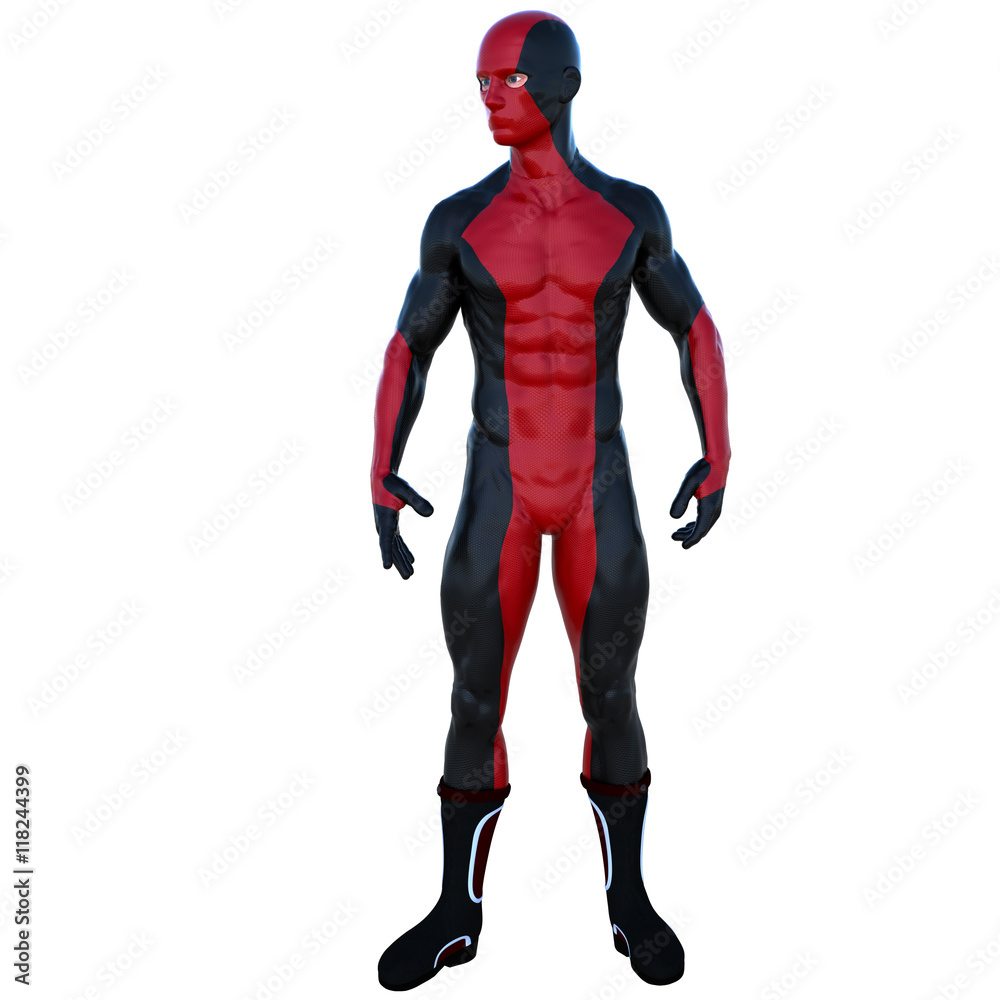 one young superhero man with muscles in red black super suit. Stands in a threatening pose. Head turned to the right one young superhero man with muscles in red black super suit. Stands in a threatening pose. Head turned to the right