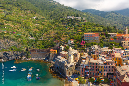 Aerial panoramic view of Vernazza fishing village in Five lands, Cinque Terre National Park, Liguria, Italy.