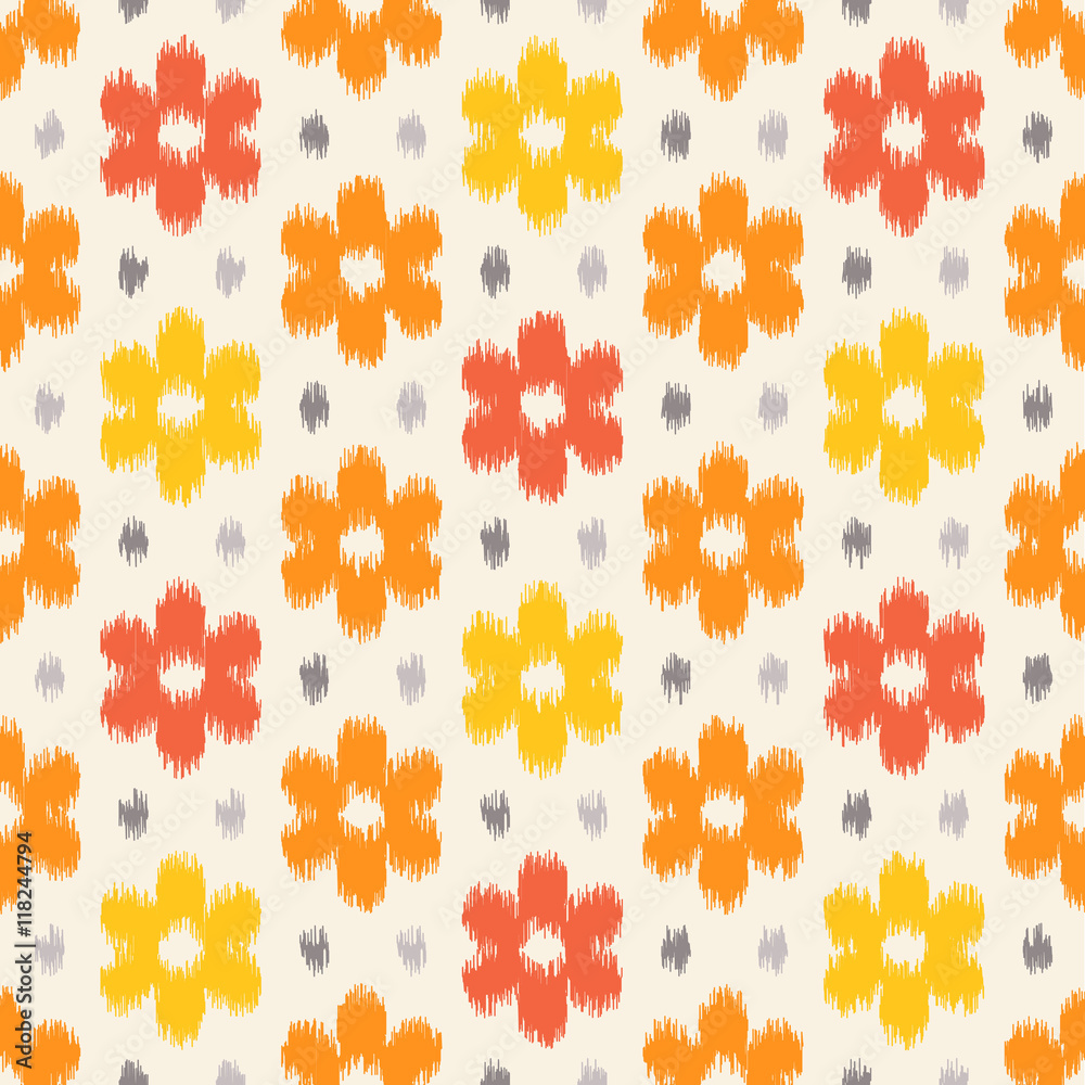 Ikat fabric pattern, abstract floral pattern yellow and orange flowers. Seamless vector Vector rug pattern, in yellow, orange and red. Stock Vector | Adobe Stock