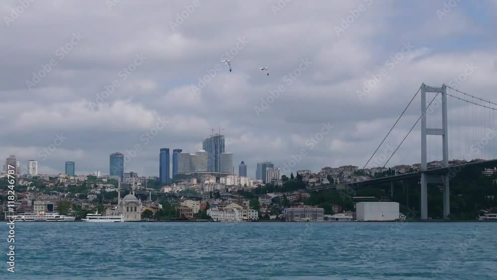 Sea traffic in Bosphorus strait. Passenger boat to transport people from the European part of the Bosphorus on the Asian side and back. Istanbul. Turkey Sea traffic in Bosphorus strait. Passenger boat to transport people from the European part of the Bosphorus on the Asian side and back. Istanbul. Turkey