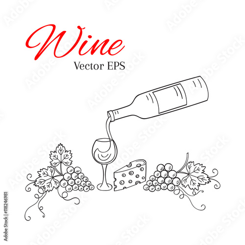 Pouring wine into the glass vector illustration hand drawn doodle sketch. Wine bottle, glass, grapes and cheese isolated.