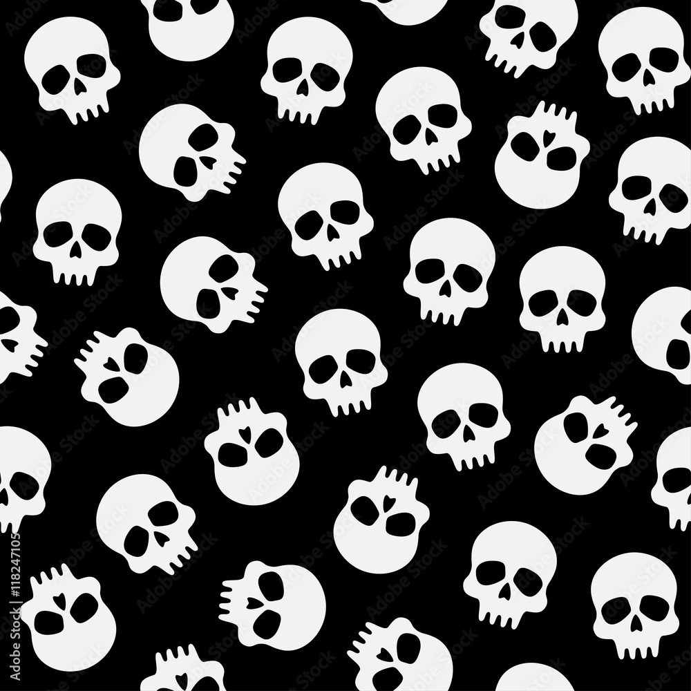 black and white pattern with skulls