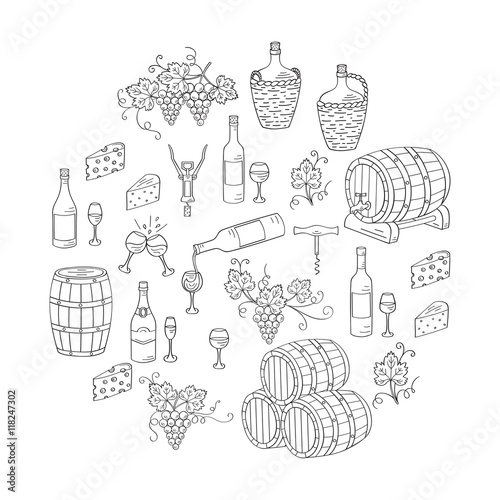 Wine and wine making set vector illustrations hand drawn doodle, bottles, glasses, grapes, wine tasting, cheese, champagne, barrels, cellar. Wine design elements.