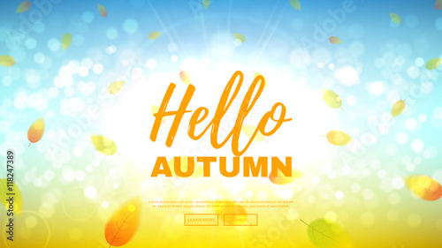 Hello autumn web banner. Beautiful background with the falling leaves. Vector illustration.