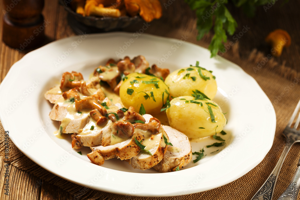 Roasted chicken breast served in a mushroom chanterelle sauce. Roasted chicken breast served in a mushroom chanterelle sauce.