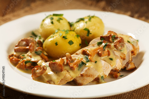 Roasted chicken breast served in a mushroom chanterelle sauce.