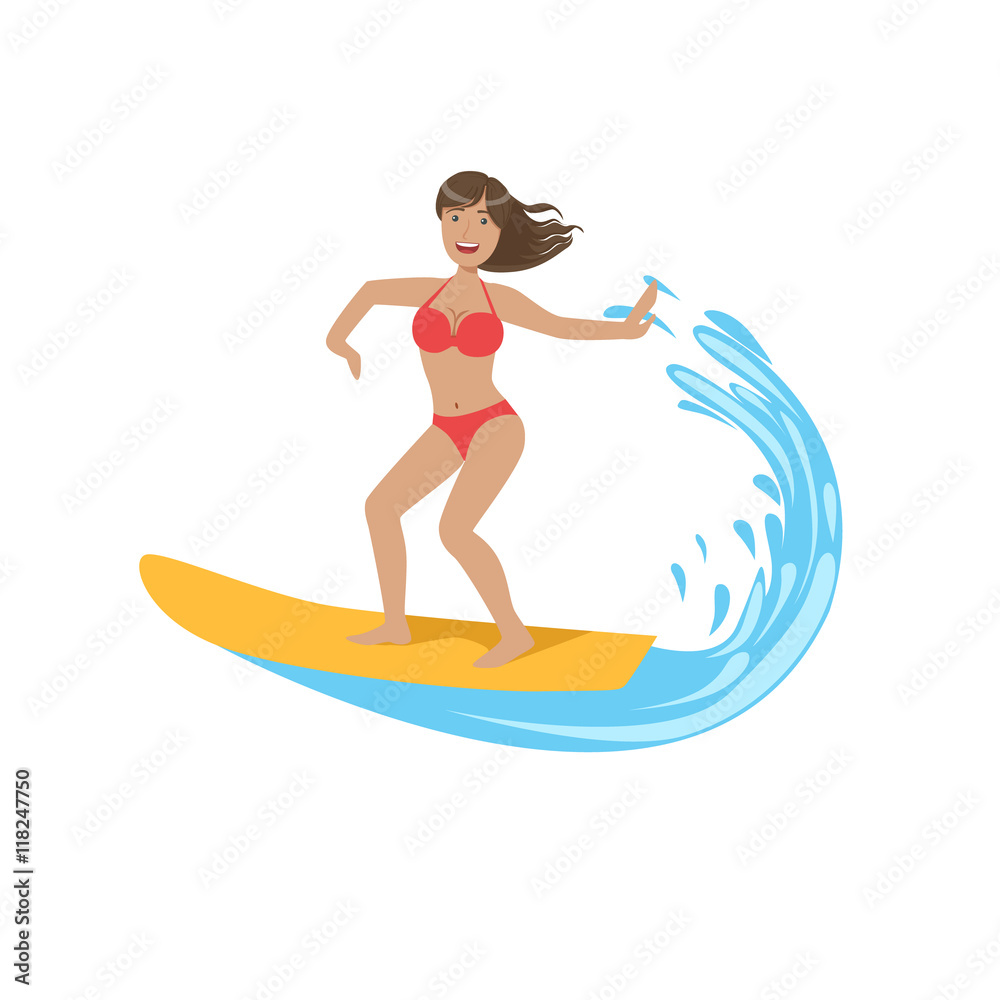 Woman In Red Bikini Riding A Wave On Surf