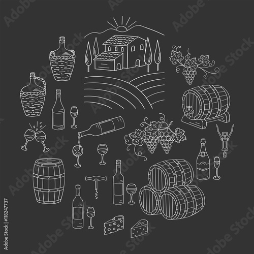 Wine and winemaking set vector illustrations hand drawn doodle, vineyard, bottles, glasses, grapes, barrels, cellar. Wine design elements on chalkboard.