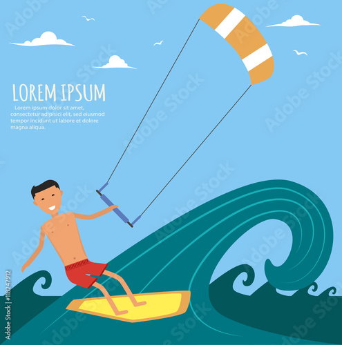 Male Kitesurfer Riding on Waves in the Sea