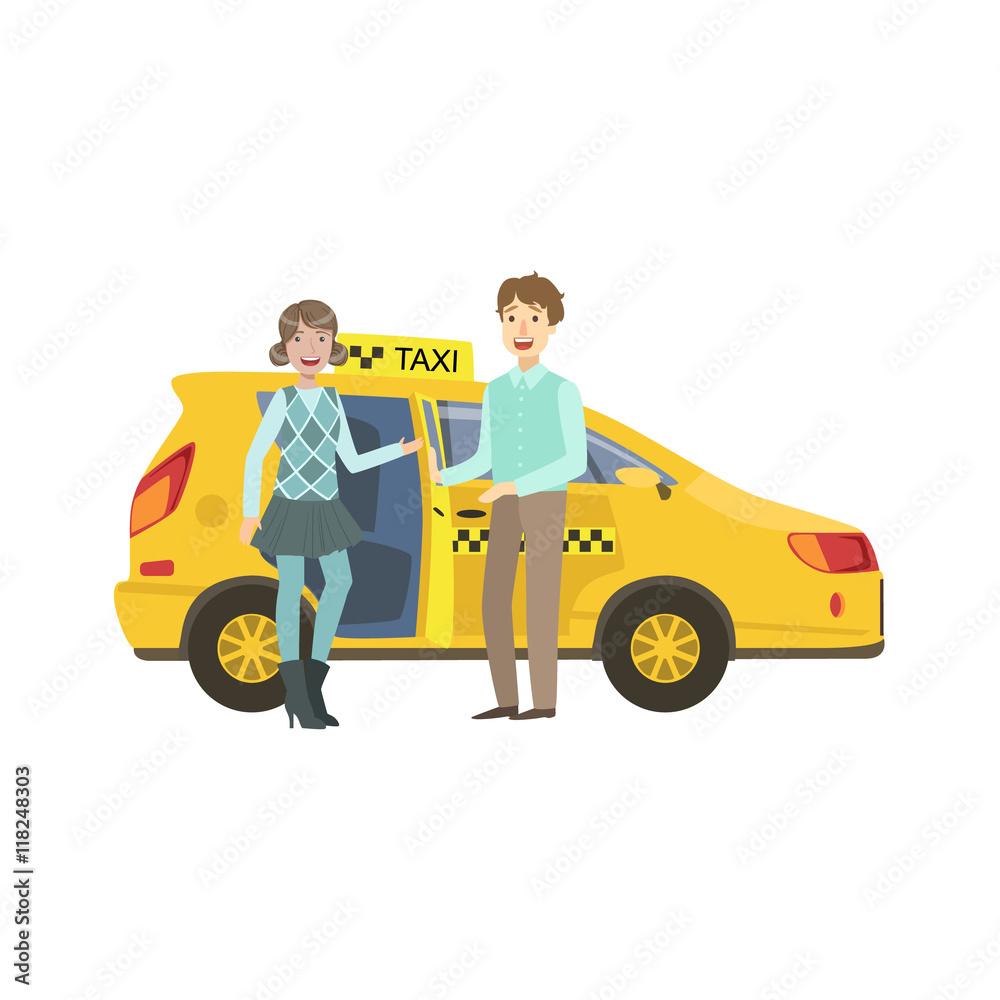 Young Couple Entering Yellow Taxi Car