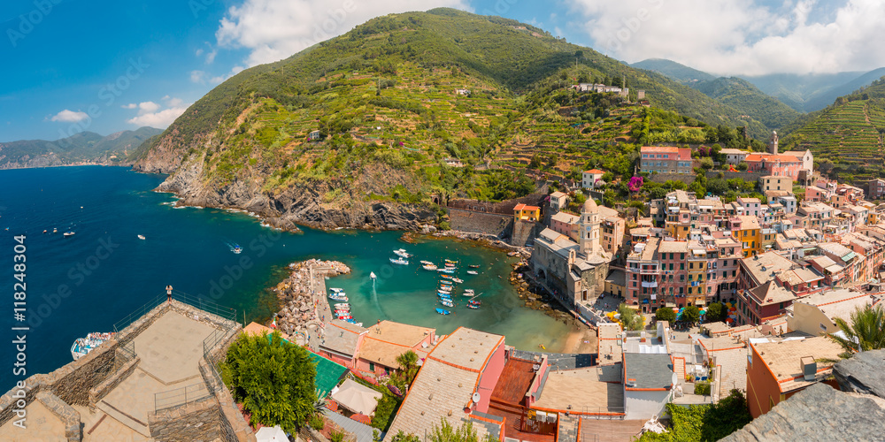 Aerial panoramic view of Vernazza fishing village in Five lands, Cinque Terre National Park, Liguria, Italy.