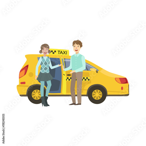 Young Couple Entering Yellow Taxi Car