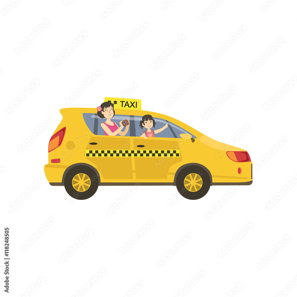Mom And Daughter Tourists In Windows Of Yellow Taxi Car
