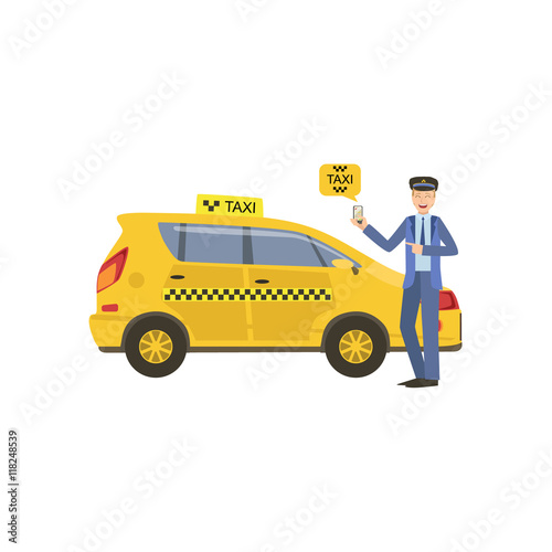 Driver Showing A Smartphone Taxi Service Application Standing Next To His Yellow Car