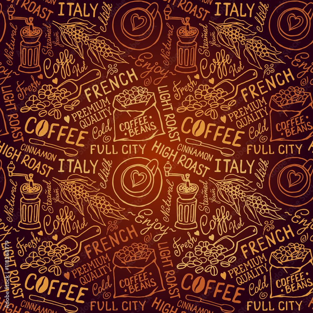Hand-drown seamless vector coffee pattern. Brown color