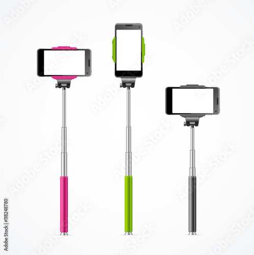 Monopod Selfie Colorful Set. Vector